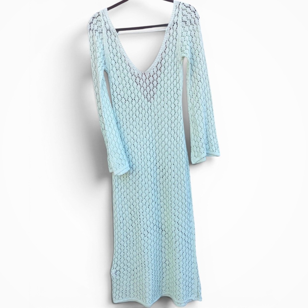 Women Maxi Dress Small Light Blue Crochet Knit Long Bell Sleeve Boho